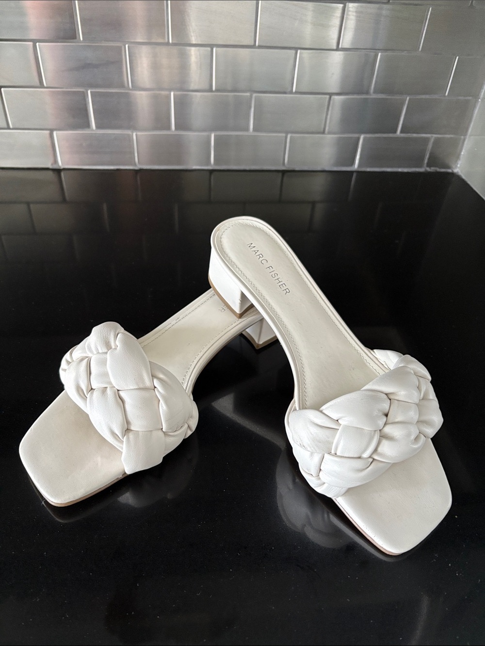 Marc Fisher White Braided Leather Mule Sandals